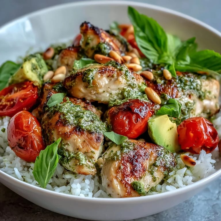 A beautifully assembled pesto chicken bowl, perfect for a healthy lunch or dinner.