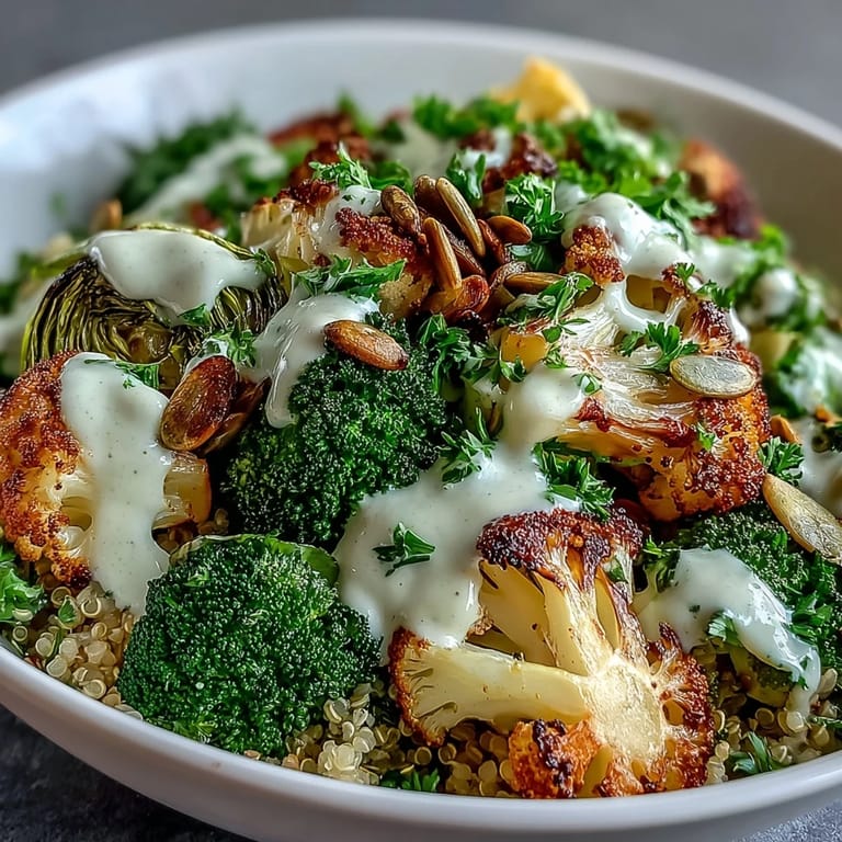 Zesty tahini-lemon dressing drizzled over a hearty Roasted Brassica Bowl garnished with parsley and pumpkin seeds.