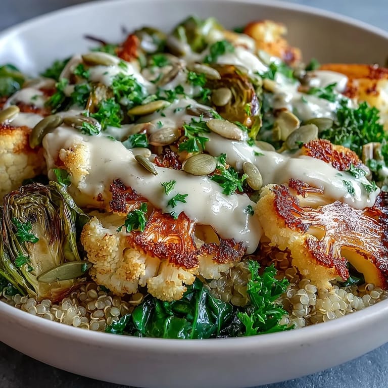 Crispy roasted vegetables in a Roasted Brassica Bowl sit atop warm grains, ready to enjoy for dinner.