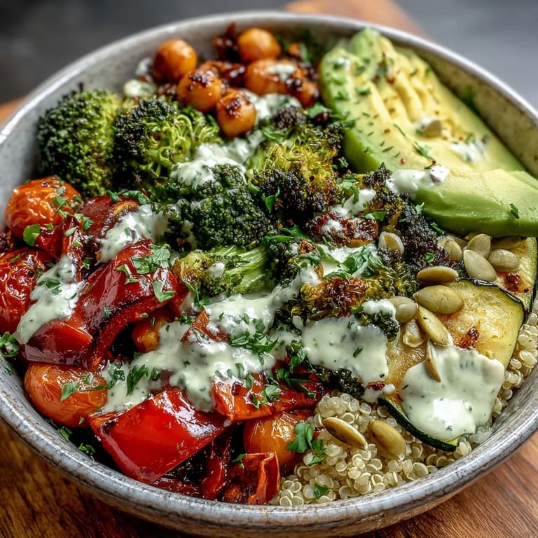 A close-up of the Vegetable and Legume Bowl highlights charred broccoli, bell peppers, and cherry tomatoes nestled in quinoa, garnished with fresh parsley and served with bright lemon wedges.