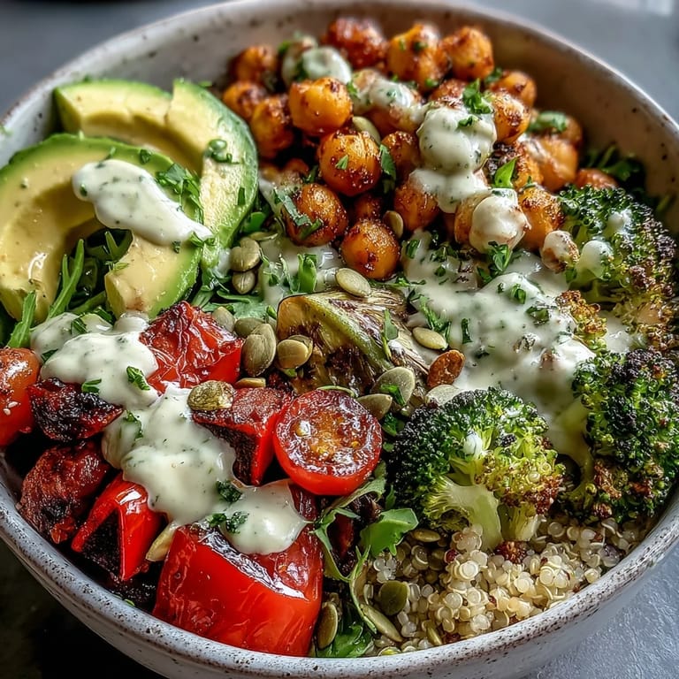This nourishing bowl features golden roasted zucchini and red onion with chickpeas and lentils over grains, swirled with garlicky tahini sauce and crowned with sliced avocado and pumpkin seeds.