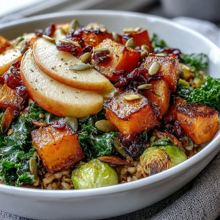 Healthy Fall Vegetable Bowl topped with roasted veggies, kale, and cranberries, garnished with pumpkin seeds for a cozy meal.