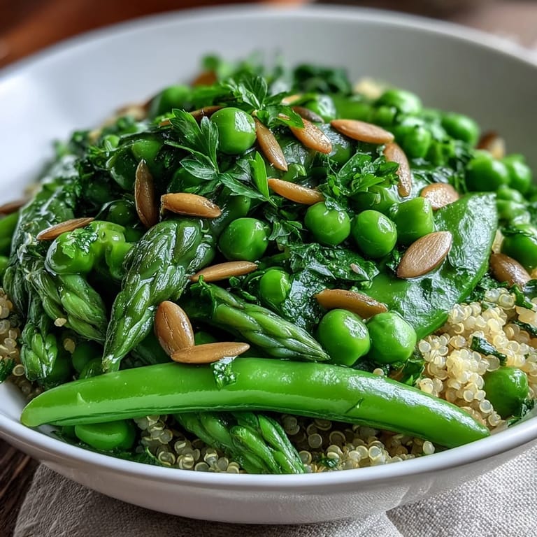 Vibrant Spring Green Bowl featuring quinoa, green beans, peas, and spinach, finished with zesty lemon dressing.
