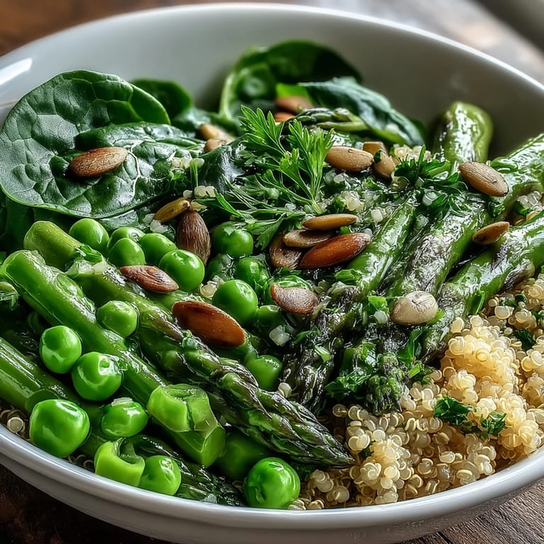 Overhead view of a hearty Spring Green Bowl topped with seeds, herbs, and optional crumbled feta.