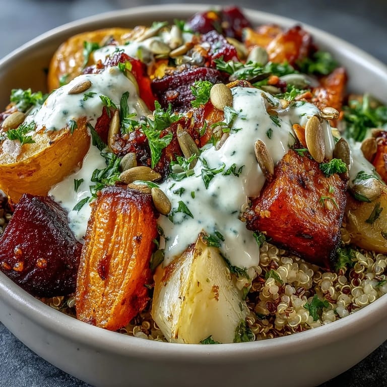 Savory Roasted Root Vegetable Bowl with caramelized vegetables and creamy tahini, ready to be enjoyed.