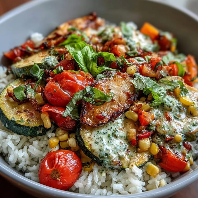 Colorful bell peppers and sautéed vegetables fill a bowl of steamed rice for the easy Summer Vegetable Bowl, served warm.