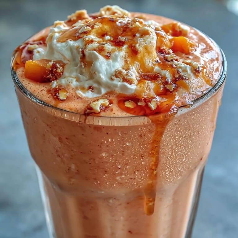 Overhead view of a Guava Juice Smoothie being poured from a blender into a tall glass over ice.
