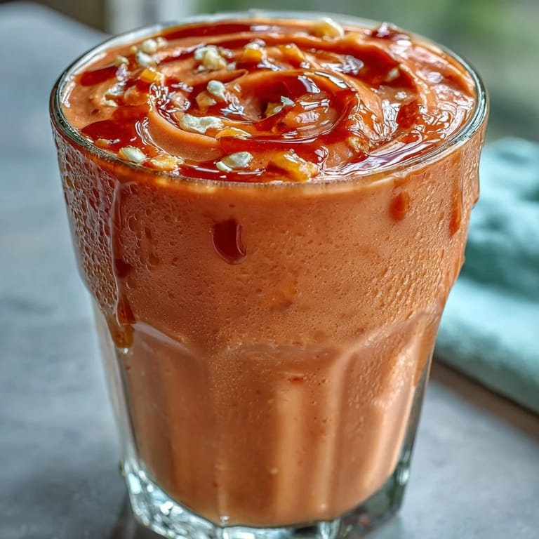 A chilled Guava Juice Smoothie paired with sliced mango and strawberries, ready to enjoy on a sunny breakfast table.