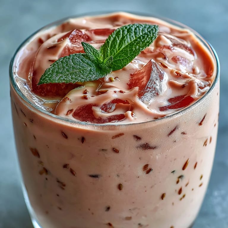 Two tall glasses of vibrant Guava Banana Smoothie topped with sliced bananas and a mint sprig.