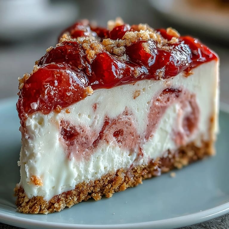 A sliced Easy Guava Swirl Cheesecake served on a white plate, revealing creamy no-bake layers and tropical fruit.