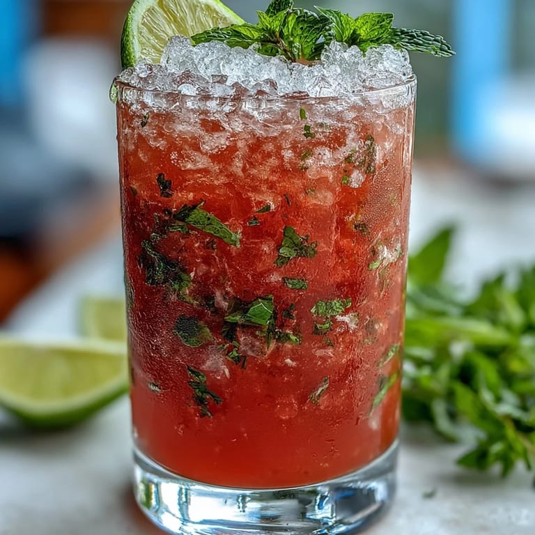Close-up of a Guava Mojito being prepared, showing a muddler pressing fresh mint and lime wedges into granulated sugar at the bottom of a glass.