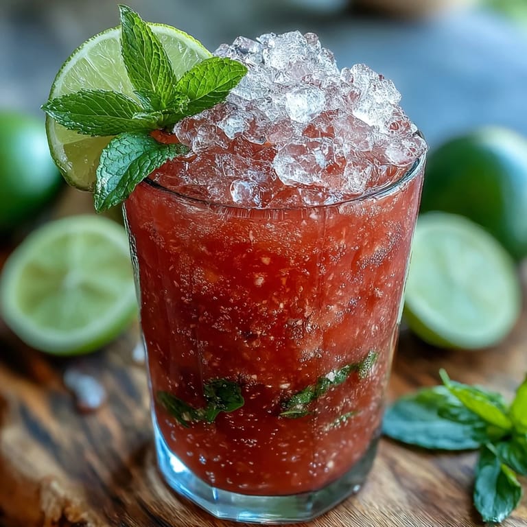 Tropical Guava Mojito garnished with a fresh mint sprig and lime wheel, set against a bright, summery background, ready to sip on a hot day.