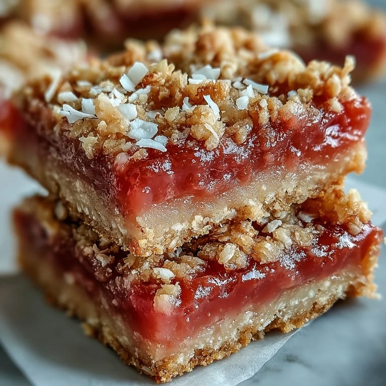 Slice of Guava Jam Bars with Coconut Macadamia Oat Crumble on a plate, revealing jammy layers next to a scoop of vanilla ice cream.