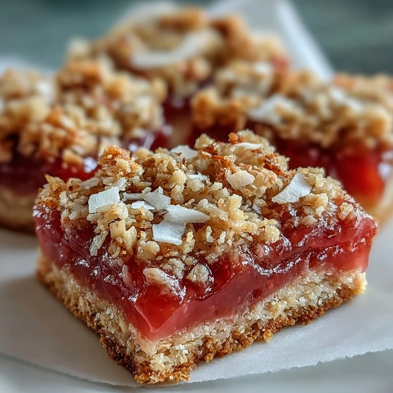 Overhead view of Guava Jam Bars with Coconut Macadamia Oat Crumble, arranged on a rustic board with fresh guava and lime wedges.