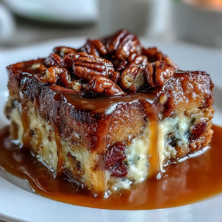 Golden slices of brioche soaked in custard, layered with bright pink guava paste and topped with toasted pecans.