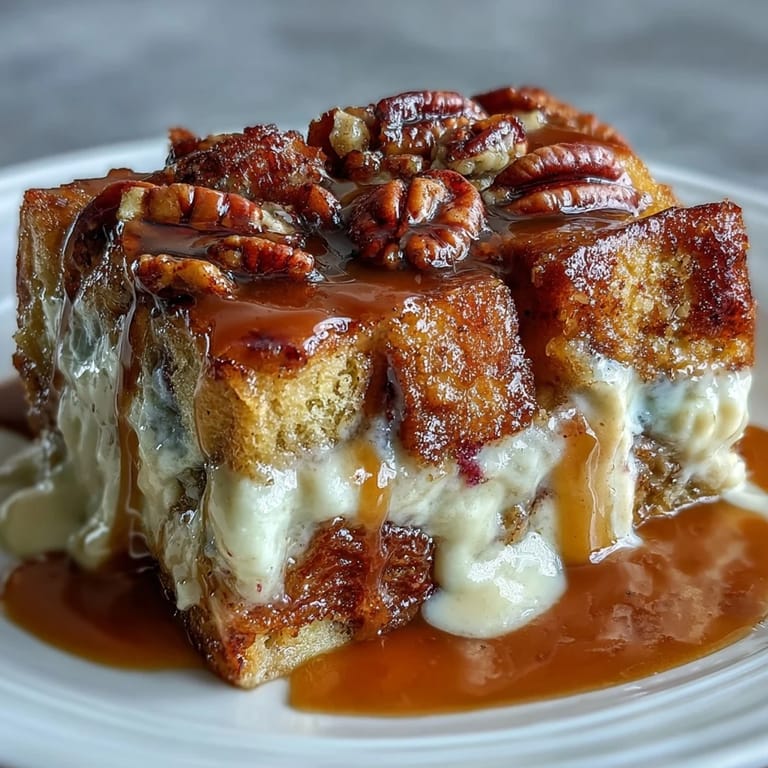 A warm slice of Guava Caramel Bread Pudding on a plate with whipped cream, showcasing the soft, moist texture.