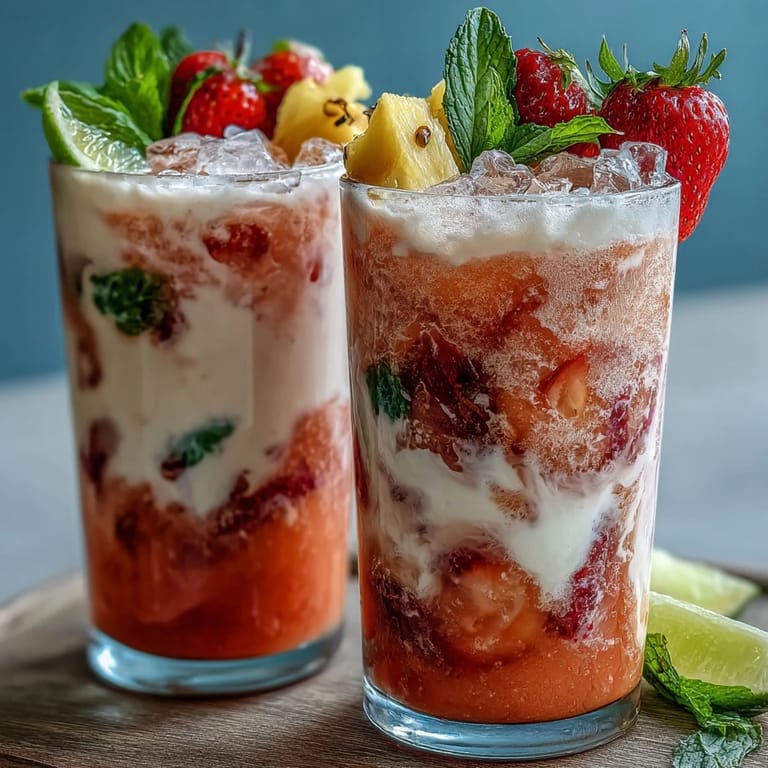 A tropical DIY Iced Guava Passionfruit Drink in a pitcher over ice, featuring vibrant pink hues, pineapple slices, and mint sprigs for a refreshing summer beverage.