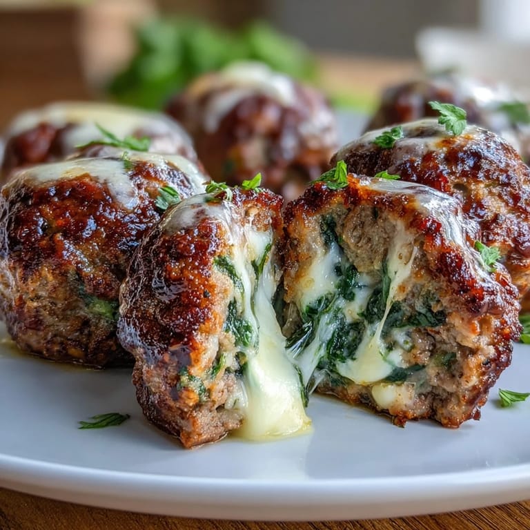 Close-up of a halved Spinach Garlic Meatball revealing a juicy interior with vibrant spinach and gooey mozzarella filling.