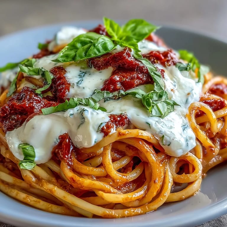 Close-up of Creamy Red Pepper Pasta with Burrata & Herbs, creamy burrata melting into velvety sauce, basil garnish and olive oil drizzle.