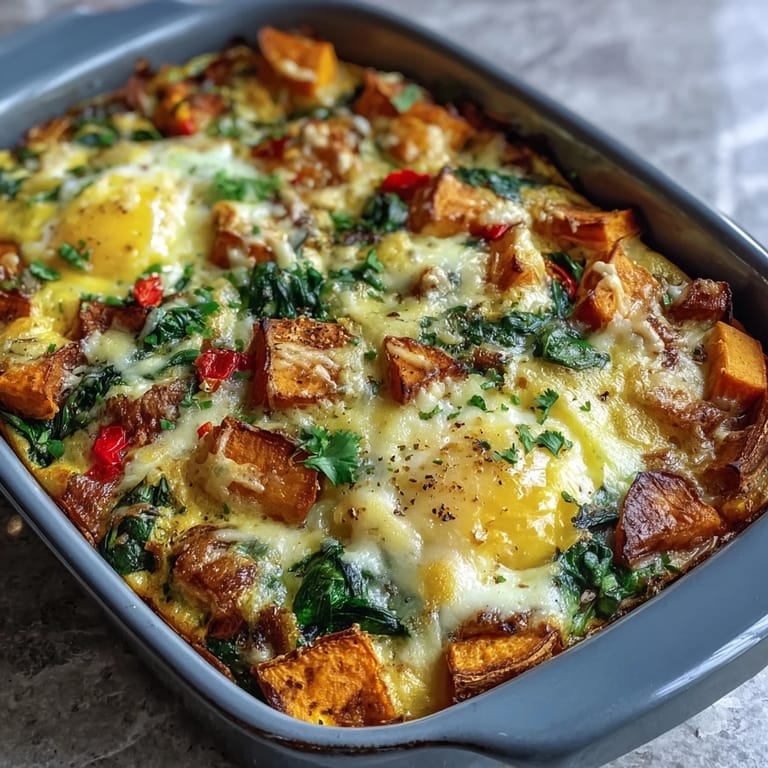 Freshly sliced portion of Easy Sweet Potato Egg Casserole on a plate, revealing fluffy eggs, tender sweet potato, and vibrant spinach for a hearty brunch.