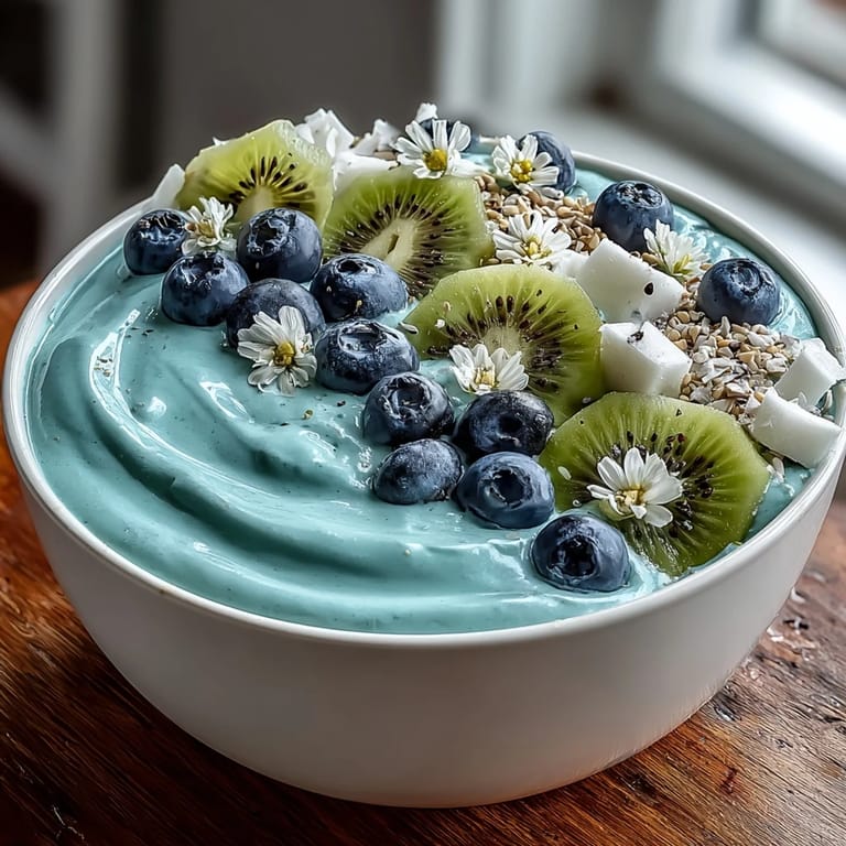 Healthy vegan Whimsical Healthy Mermaid Smoothie Bowl with spirulina-blue base, fresh fruit, and hemp seeds for a nutritious breakfast.