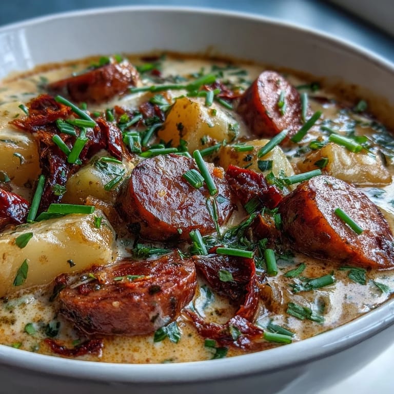 Close-up of Creamy Cajun Potato Soup with Andouille Sausage topped with cheddar and bacon, paired with crusty bread for dipping.