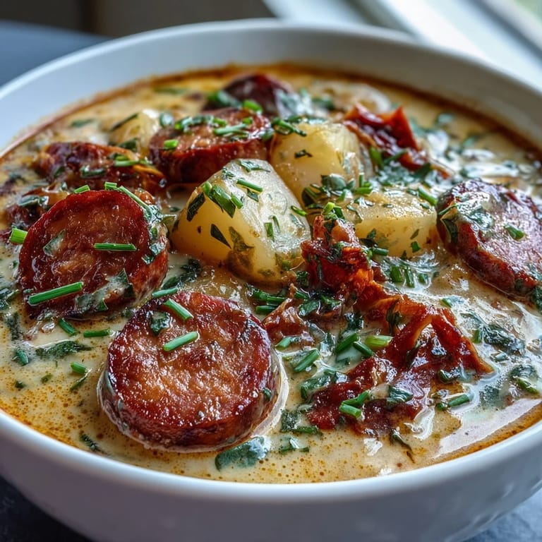 A spoon lifts a rich, creamy blend of tender potatoes and smoky andouille sausage, showcasing the hearty texture of this Cajun soup.