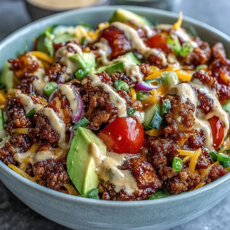 Freshly assembled High-Protein Cheeseburger Bowls feature golden ground beef, vibrant veggies, and a creamy tangy sauce for a low-carb meal.