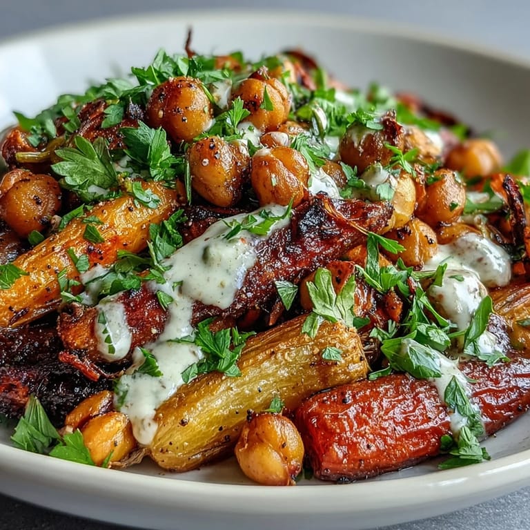 Serving the One-Pan Roasted Carrot and Chickpea Bowl over quinoa with a vibrant, Mediterranean-inspired dinner spread.