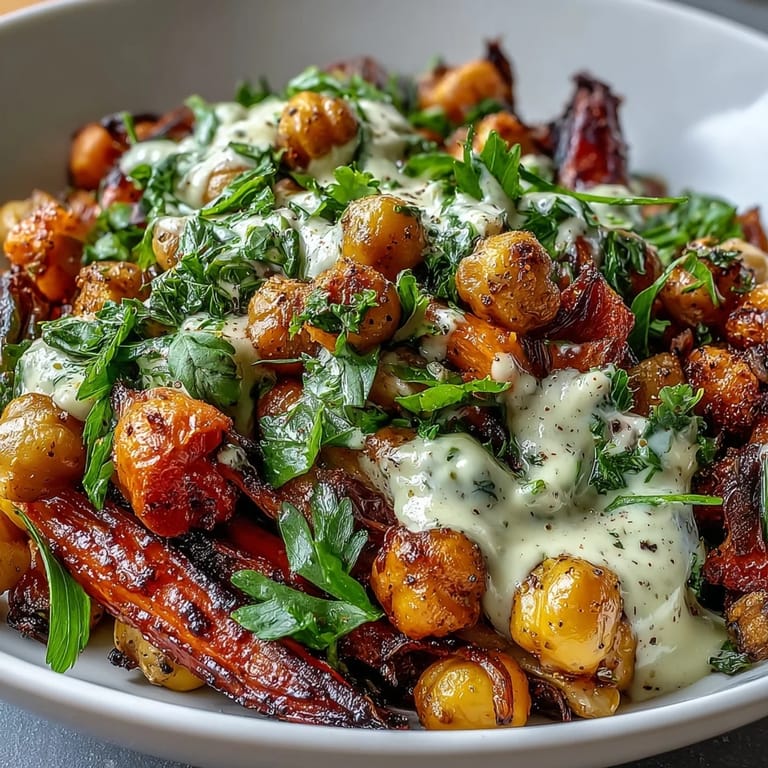 A close-up of the One-Pan Roasted Carrot and Chickpea Bowl drizzled with creamy lemon-tahini dressing and fresh herbs.