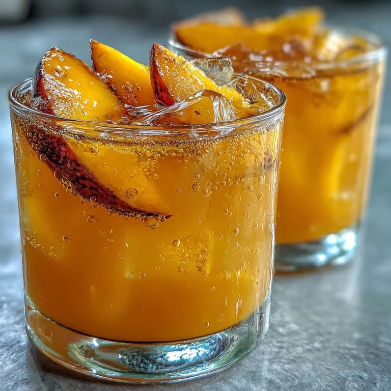 A refreshing glass pitcher of Mango Iced Tea being poured over ice, showcasing the vibrant golden color and fresh mango garnish.