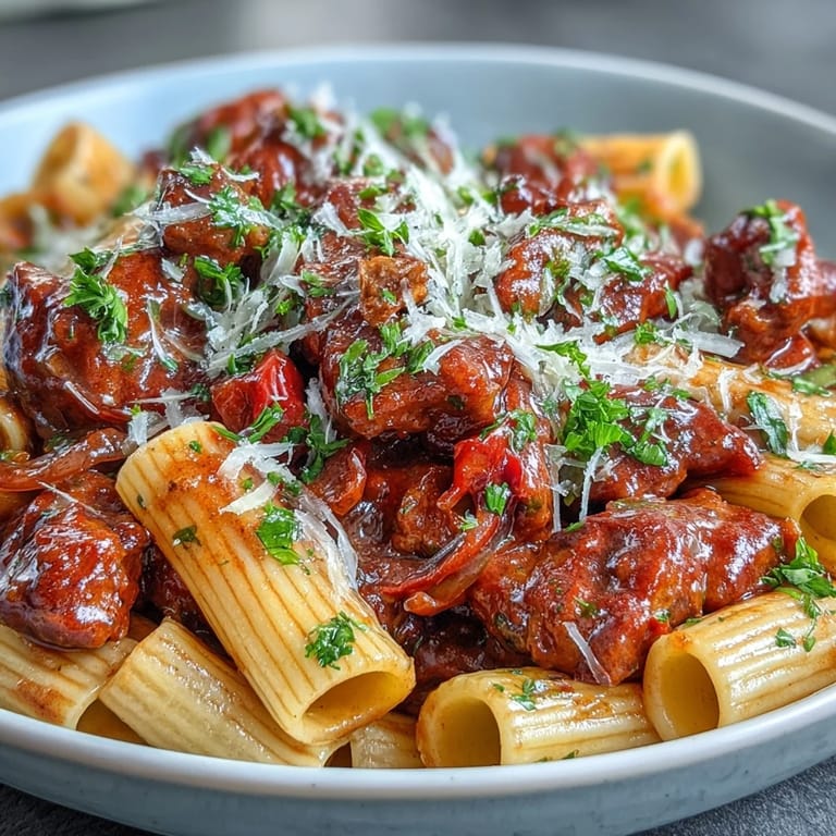 A hearty One-Pot Creamy Red Wine Sausage Pasta with rigatoni in a rich, creamy tomato sauce.