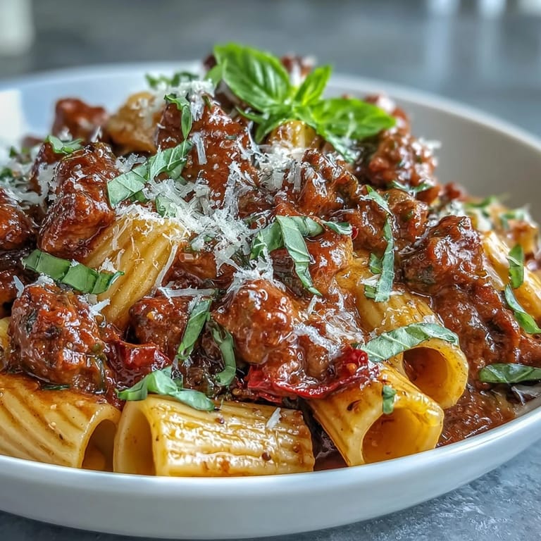 Close-up of One-Pot Creamy Red Wine Sausage Pasta showing sliced sausage and red peppers in a skillet.