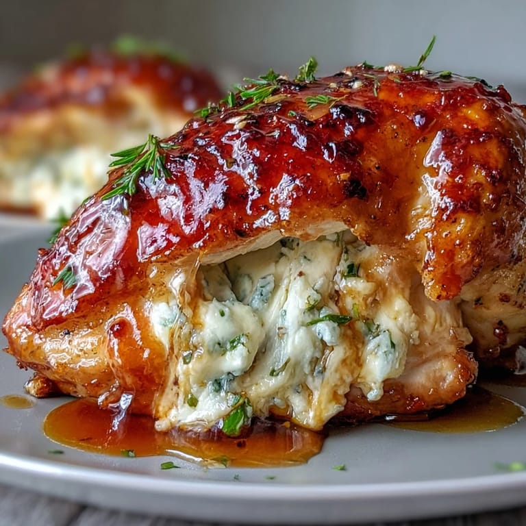 Tender baked chicken breasts filled with creamy ricotta and fresh herbs, drizzled with spicy-sweet hot honey glaze.