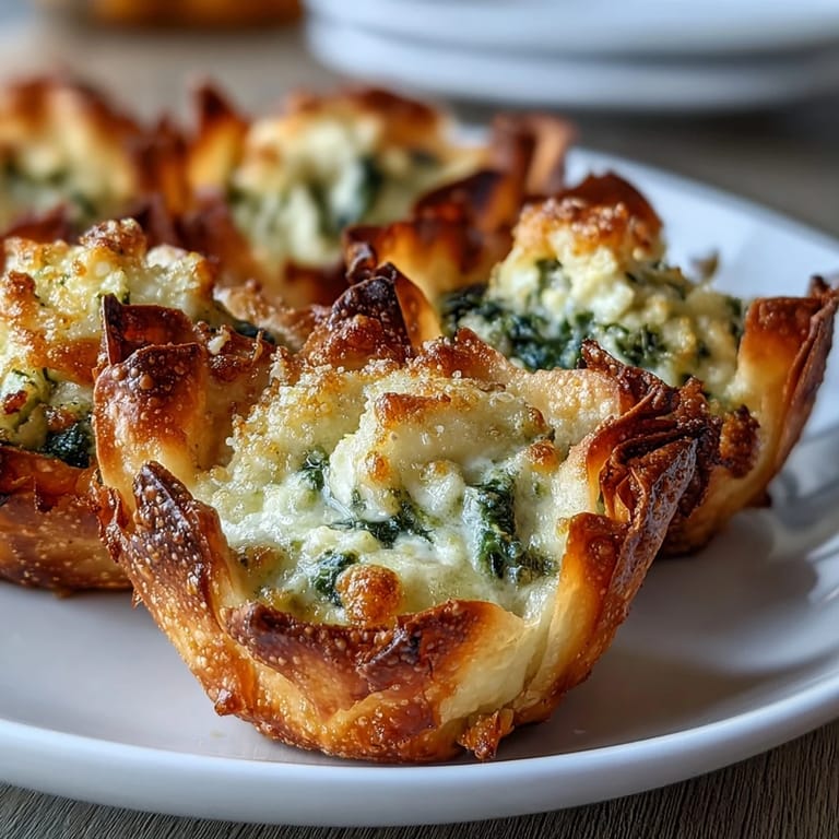 Freshly baked Crispy Spinach Feta Wonton Cups arranged on a wire rack, steam rising from the savory appetizer.