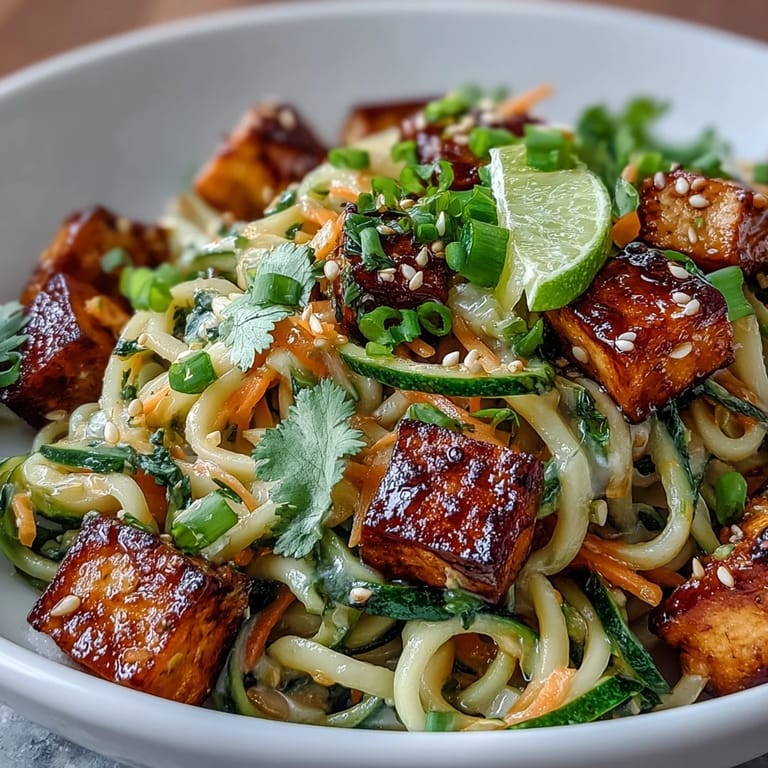 Overhead view of TikTok-Style Chili Crisp Cucumber Noodle Bowls topped with golden pan-fried tofu cubes and vibrant julienned carrots.