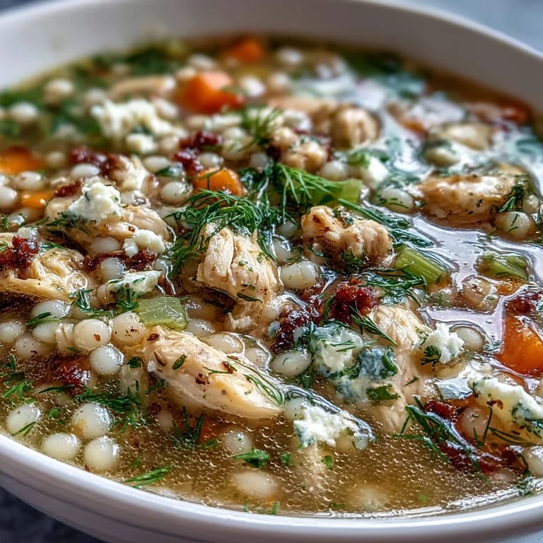 Steaming hot Greek Chicken & Pearl Couscous Soup in a rustic pot, surrounded by fresh ingredients like lemon, carrots, and dill. The soup looks hearty and ready to serve on a wooden table.