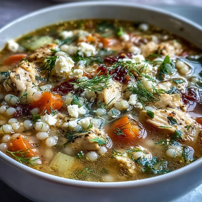 Close-up of Greek Chicken & Pearl Couscous Soup, showing the texture of the pearl couscous and juicy chicken in a golden lemon broth. Garnished with feta and a sprig of fresh dill.