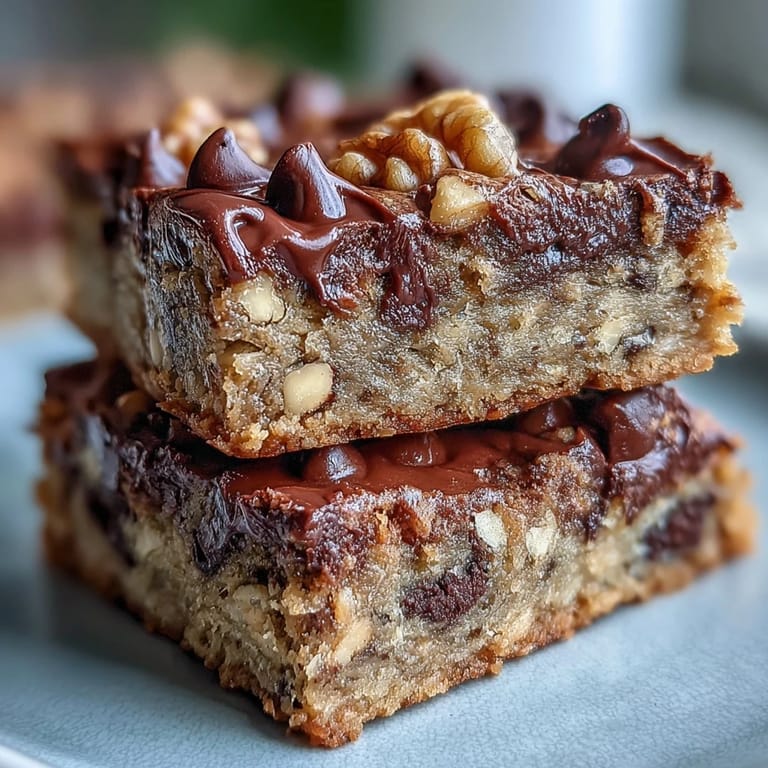 A close-up of a golden Chunky Monkey Protein Baked Oat Bar on a plate, topped with sliced banana and a glass of almond milk.