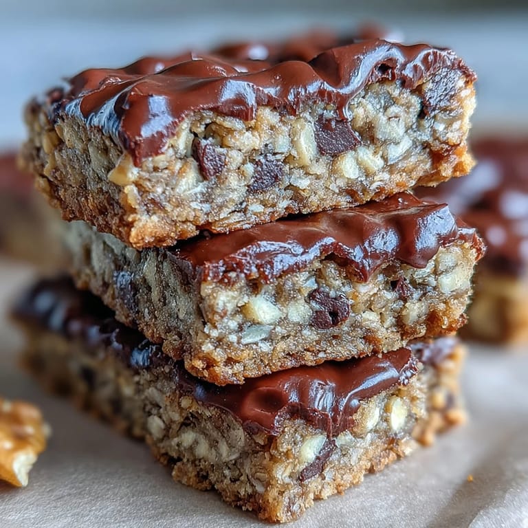 Hand holding a sliced piece of Chunky Monkey Protein Baked Oat Bars, revealing a moist, chunky interior with walnuts and dark chocolate.