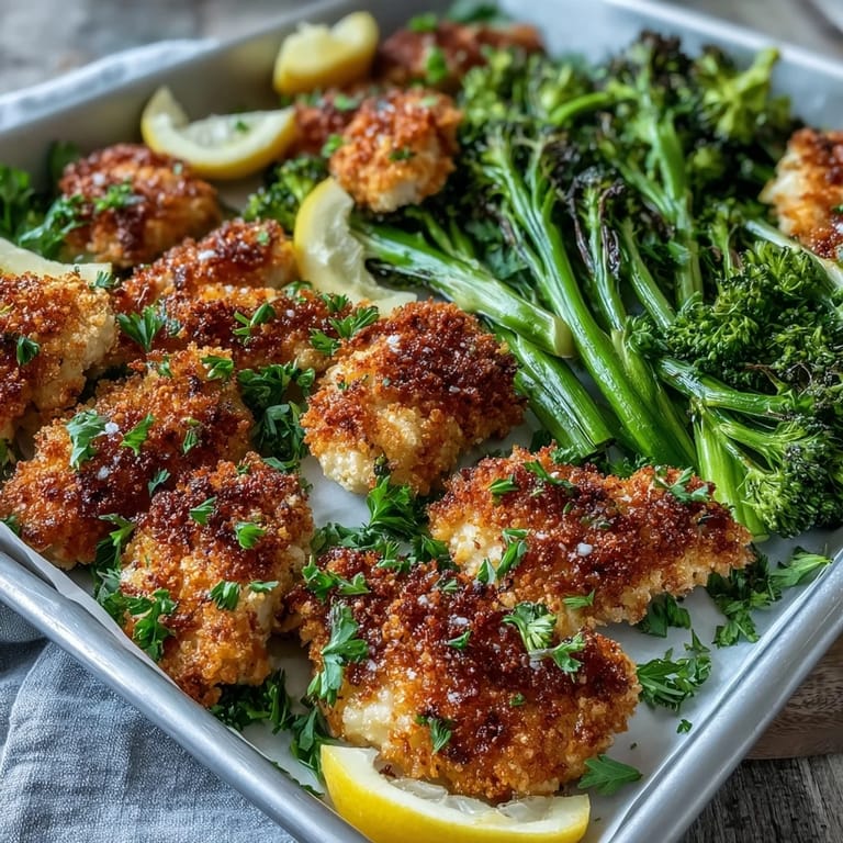Golden chicken and bright green broccoli topped with crunchy Parmesan on a baking tray.