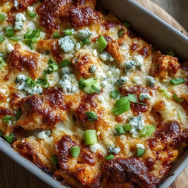 Freshly baked Buffalo Ranch Chicken Pasta Bake served in a casserole dish, garnished with blue cheese crumbles and herbs.