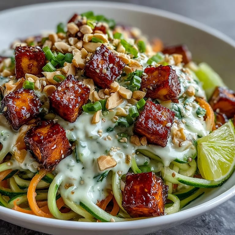A vibrant TikTok-Style Chili Crisp Cucumber Noodle Bowl with tofu, crunchy veggies, and creamy dressing.