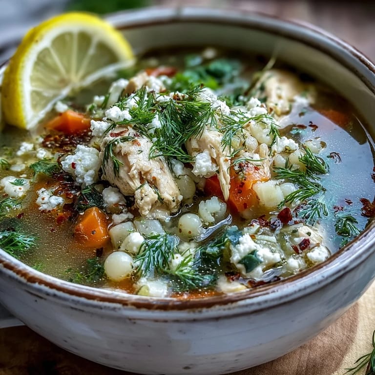 Spooning a bowl of Greek Chicken & Pearl Couscous Soup, loaded with vegetables and served with fresh dill and lemon.