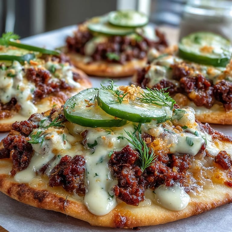 Cheeseburger Garlic Naan Pizzas ready to eat, perfect for a quick weeknight meal with a side of ketchup for dipping.