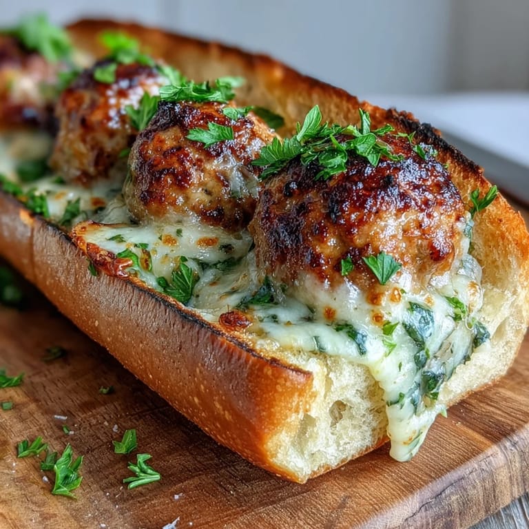 Toasted sub rolls filled with savory garlic Parmesan turkey meatballs, smothered in a rich cream sauce and garnished with fresh parsley.