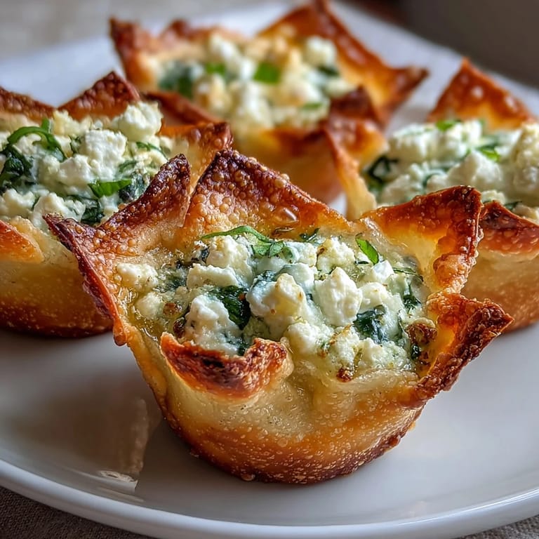 Freshly baked Crispy Spinach Feta Wonton Cups served warm on a rustic plate, ready to eat.