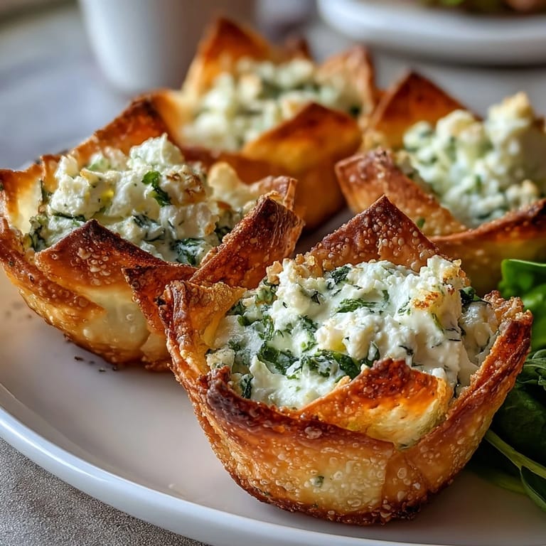 A close-up of Crispy Spinach Feta Wonton Cups, highlighting the golden edges and green spinach filling.