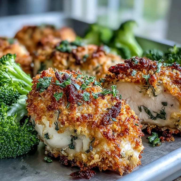 A close-up shows the golden brown panko and Parmesan over chicken and broccoli on a baking sheet.