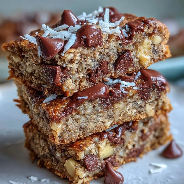 Stacked on a marble board, these chunky monkey protein baked oat bars glisten with a sweet maple drizzle.